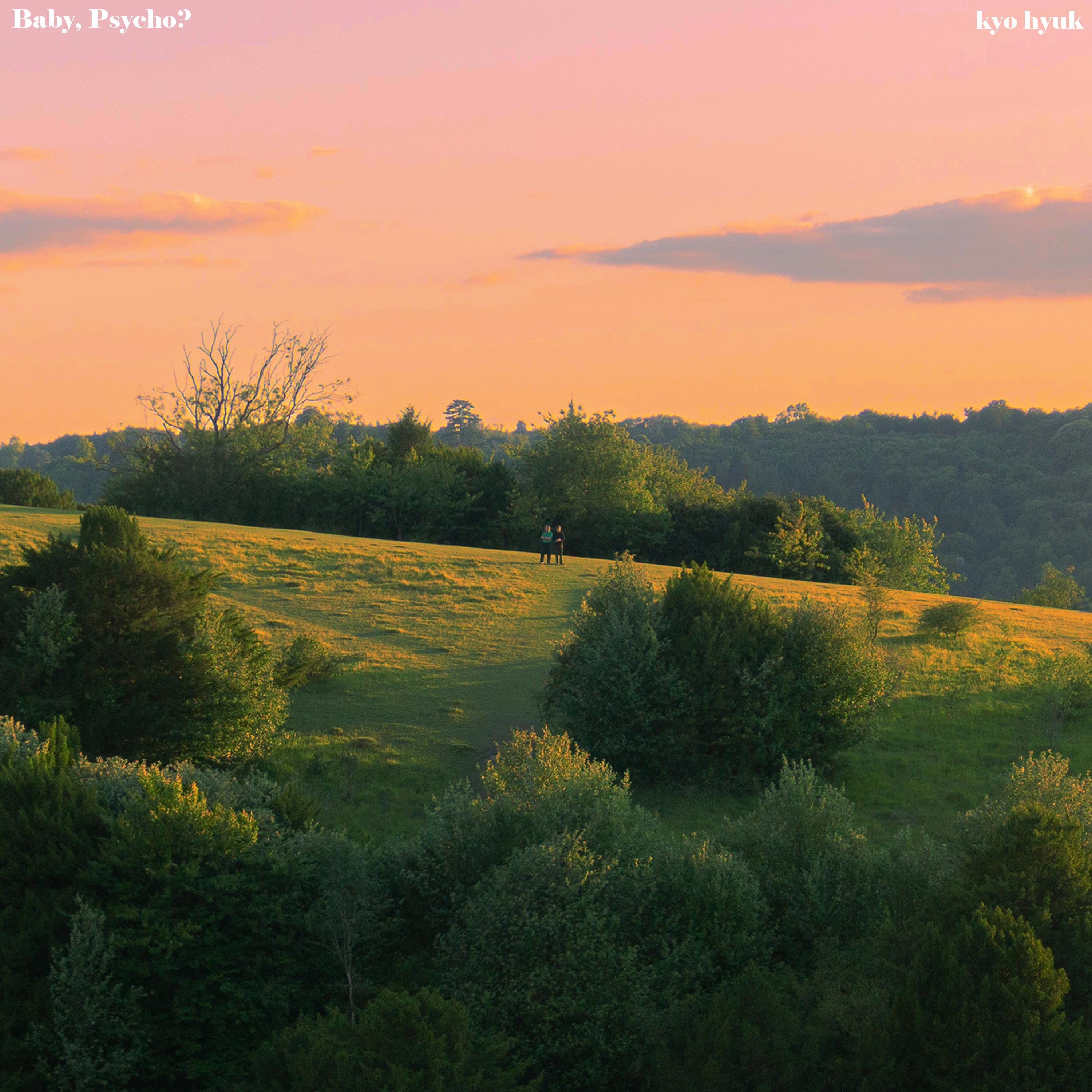 There is an orange sunset over green rolling hills. Two small figures stand atop the hill in the distance.